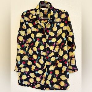 Bechamel Sheer Perfume Bottle Print Button-Up Blouse Colorful Long Sleeve S